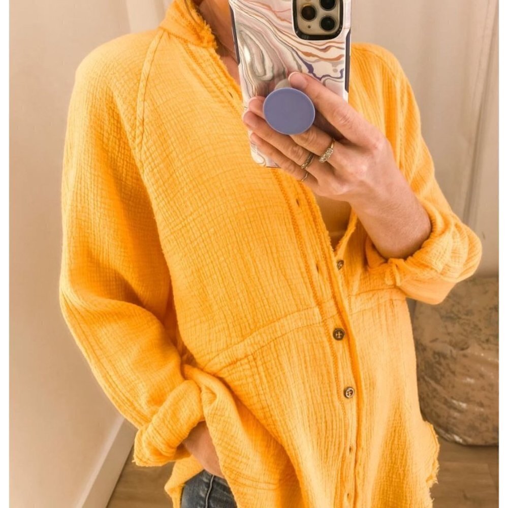 FREE PEOPLE We the Free Summer Daydream Button Down Shirt Yellow Papaya Sz S NEW